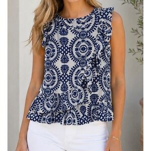 Blue‎ & White Medallion Ruffle Peplum Top Womens Small Sleeveless